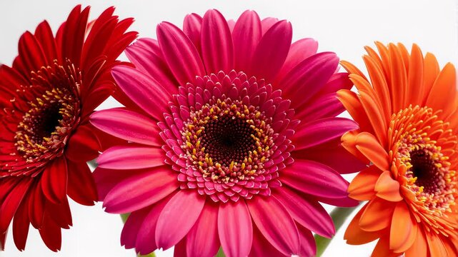 Close-up view of Three Gerbera daisy flowers on white background