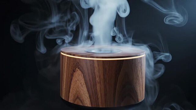 Modern wooden essential oil diffuser emitting aromatic steam with subtle LED lighting