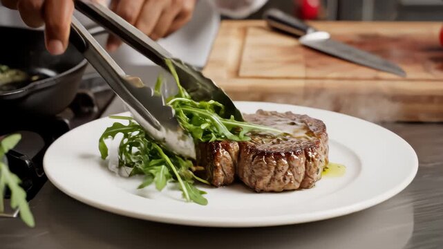 Cooking steak with arugula on a plate showing the process of preparing and plating the meal in a kitchen setup