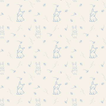 Pattern con graziosi coniglietti color azzurro chiaro su sfondo panna