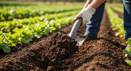 Fototapeta premium Gardener digging soil with a metal shovel in a vegetable garden, preparing the ground for planting.