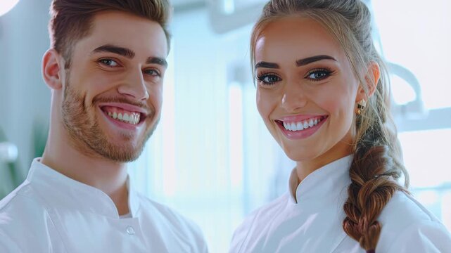 Smiling Professionals: A dynamic duo of radiant healthcare providers poses confidently in a modern, light-filled environment, their bright smiles embodying competence and compassion.