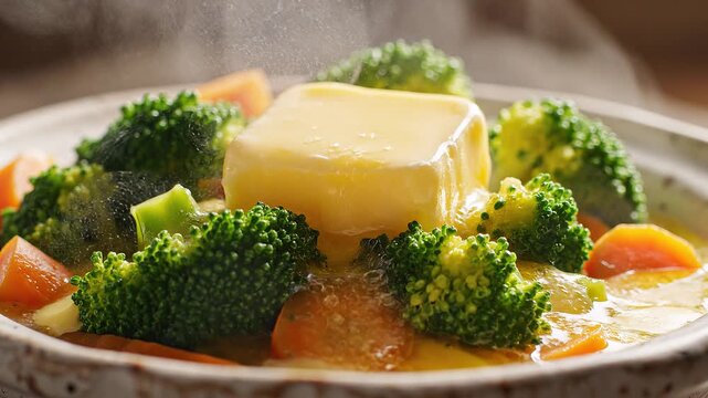 Close-up of a steaming bowl of broccoli and carrots with a melting pat of butter on top