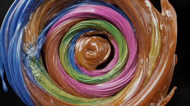 Animation of rotation hypnosis spiral from colorful caramel, glass or plastic. Animation of seamless loop.