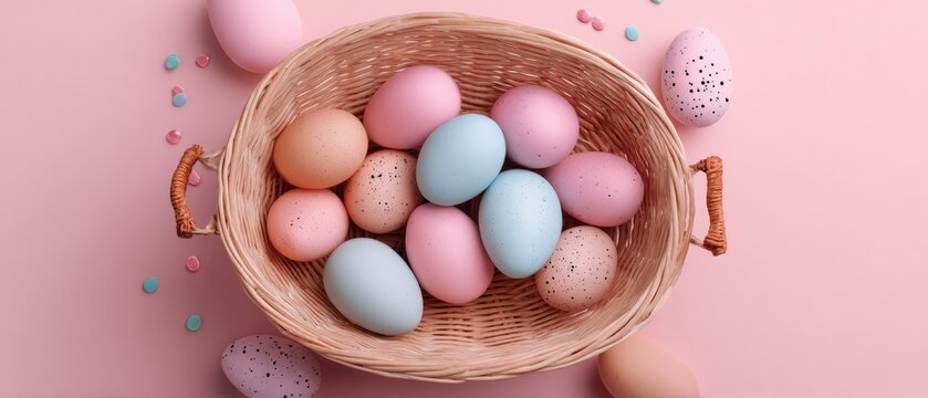 Pastel colored Easter eggs in a wicker basket on a pink background with scattered candies, creating a festive spring holiday composition.