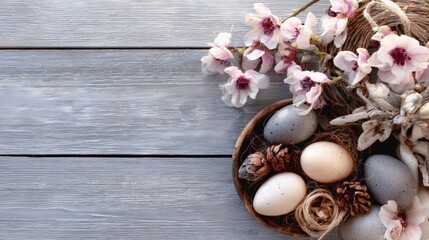Easter eggs and spring flowers arranged in a rustic nest on gray wooden background with copy space.