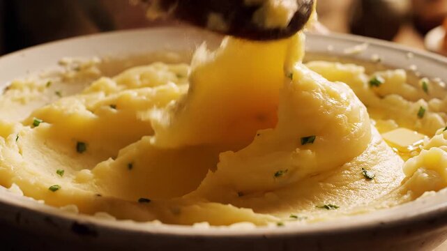 Creamy, fluffy mashed potatoes with fresh green chives being served with a spoon from a rustic bowl, embodying comforting homemade culinary delight