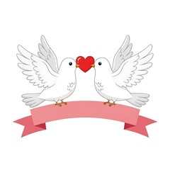 Fototapeta premium Lovely white doves with heart shaped love symbol on pink ribbon banner
