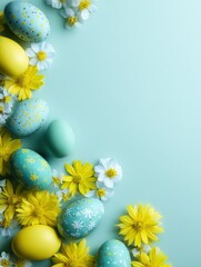 Pastel Easter eggs and yellow daisies arranged on a turquoise background with copy space for spring holiday greeting or seasonal design.