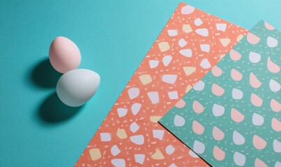 Fototapeta premium Pastel eggs and colorful patterned papers arranged on a turquoise background in a modern minimal Easter flat lay.