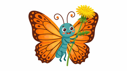 Cute Orange Butterfly Cartoon Holding Dandelion Flower Vector Illustration for Kids