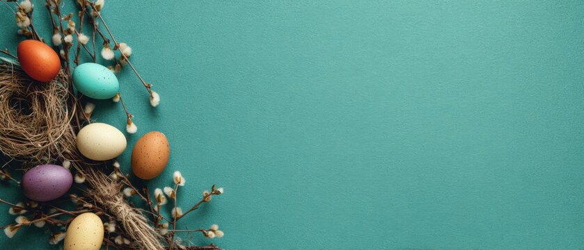 Colorful Easter eggs and bird nest with pussy willow branches on teal background with copy space.