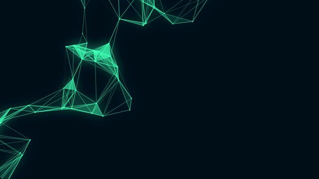 Geometric green plexus network of triangles and lines moving in the corner of a dark screen.