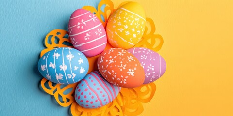 Fototapeta premium Colorful decorated Easter eggs arranged on an orange paper doily over a blue and yellow background.