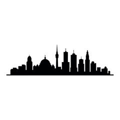 Obraz premium A black silhouette of a city skyline with various buildings and towers against a white background