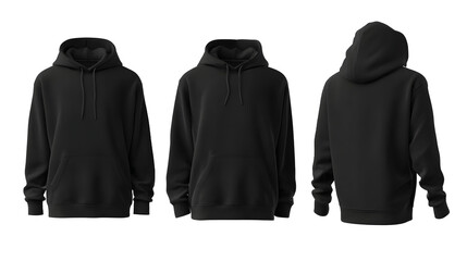 Black hoodie flat lay mockup with front view back view and side view isolated on white background