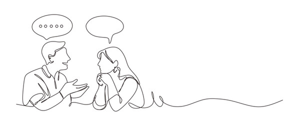 Continuous one lin drawing of two people talking  one person is speaking and the other listening with speech bubbles above their heads