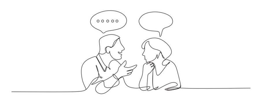 Continuous one lin drawing of two people talking  one person is speaking and the other listening with speech bubbles above their heads