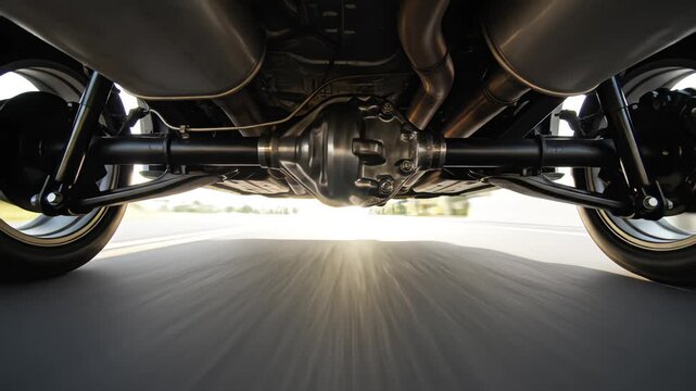 Cinematic low angle shot of moving car undercarriage showing rear axle differential and exhaust pipes speeding over asphalt road with motion blur