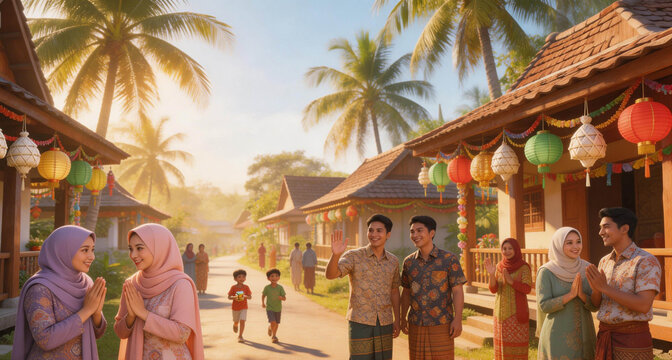 Family visiting relatives during Lebaran, shaking hands and asking forgiveness, Indonesian cultural scene, emotional, realistic illustration