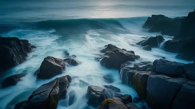 Waves Crashing on Rocky Coastline at Dusk.