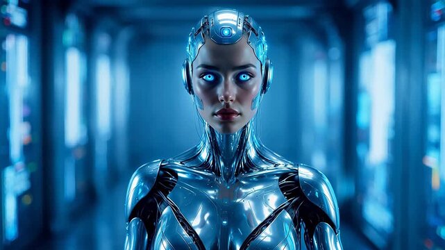 Futuristic cyborg woman in corridor