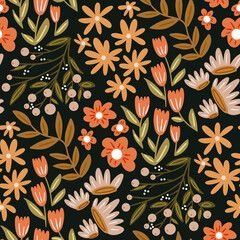Cotton fabric Moody Boho Ditsy Floral Seamless Pattern with Terracotta Wildflowers and Earthy Botanical Leaves on Black Background for Textile and Wallpaper