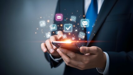 Fototapeta premium Businessman interacting with a smartphone surrounded by digital icons and symbols