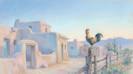 Vibrant rooster perched on fence post in desert adobe village