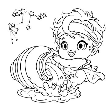 Cute Aquarius zodiac baby pouring water from jug, black and white cartoon illustration for coloring