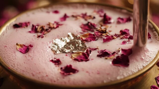 Pink Rose Milk Foam Drink with Edible Silver Leaf and Dried Petals in a Golden Bowl Luxurious Beverage Close Up with Warm Lighting