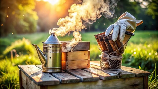 A photo of a beekeeper smoker emitting smoke, with protective gloves nearby in a rustic outdoor setting