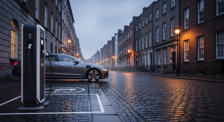 Electric Taxi Charging in a Historic Urban Street at Night