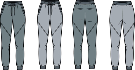 Four pairs of gray sweatpants with black detailing and drawstrings standing upright © Hey world