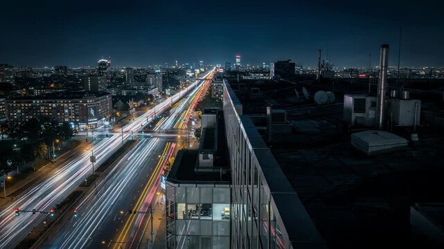 High vantage night shot from a rooftop main building crisp and detailed with outoffocus colorful light trails from passing cars below for dynamic mood.