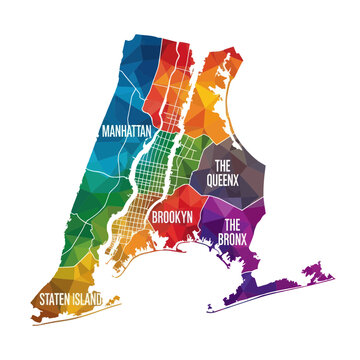Colorful Geometric Map of New York City Boroughs - Manhattan, Brooklyn, Queens, Bronx, Staten Island