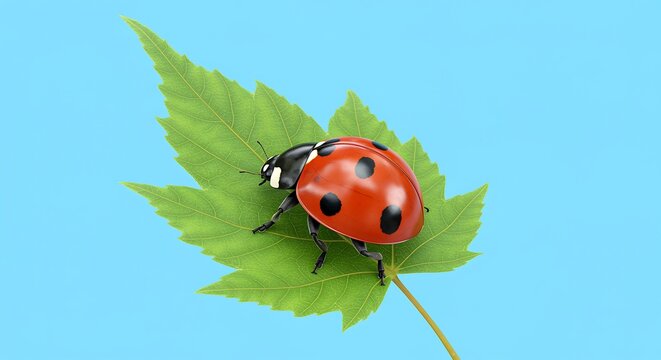 Ladybug on green leaf with black spots on red shell crawling on plant with blue background