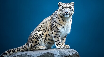 Fototapeta premium Snow leopard sitting on rock looking alert with white fur and black spots against blue background wild animal