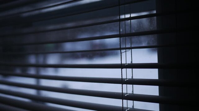  Filler Shot - Staring Through Blurry Winter Blinds at Snow Covered Landscape