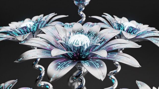 Futuristic Floral Chandelier with Glowing Blue Lights