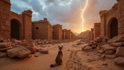 Ruins of an ancient abandoned town in the desert with a sitting fox in the foreground during a thunderstorm. Created using generative AI tools