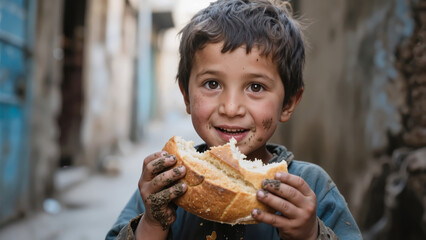 A close-up of a mischievous, scruffy little boy holding a large piece of bread against the backdrop of slums. Created using generative AI tools