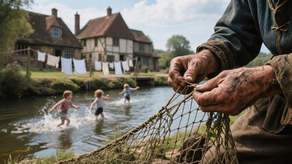 A close-up of a medieval fisherman mending his net near a river with a village in the background. Reenactment of medieval life. Created using generative AI tools.