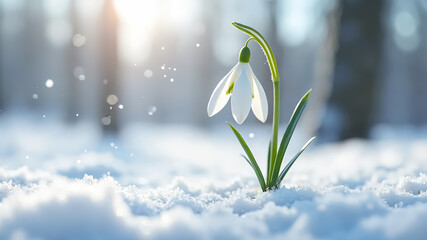 A close-up of a newly bloomed snowdrop breaking through the snow in early spring. Created using generative AI tools.