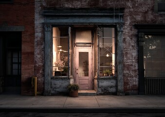 Weathered brick building with a vintage shop front, a pink door, and interior light spilling onto a sidewalk