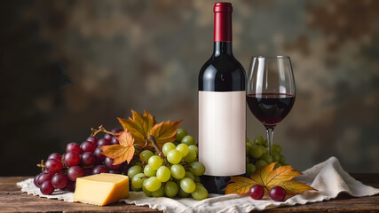 Still life with a bottle of wine with space for text, cheese and a bunch of grapes. Created using generative AI tools.