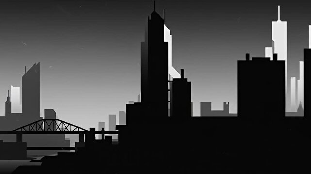 Monochrome cityscape silhouette with a bridge under a light grey sky gradient