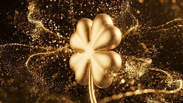 Golden four leaf clover macro shot with dew drops against a deep black background