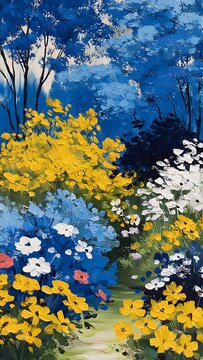 An impressionistic garden path is blooming with colorful flowers beneath blue trees, showcasing peaceful beauty in a vibrant landscape painting style artwork.