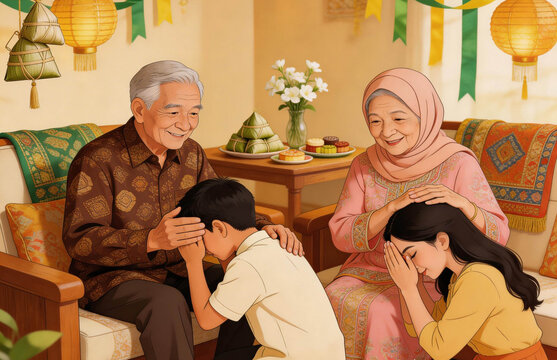 Family visiting relatives during Lebaran, shaking hands and asking forgiveness, Indonesian cultural scene, emotional, realistic illustration